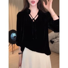 批发法式暗黑风丝绒系带衬衫女2026秋季<b class='q'>新款</b>长袖镂空花朵装饰显瘦上衣