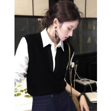 批发秋冬复古辣妹撞色衬衫领针织打底衫女内搭修身显瘦假两件长袖上衣