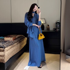 批发法式气质蓝色飘带长袖衬衫防晒套装女2026春夏中长款半身裙两件套