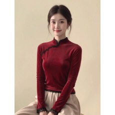 批发新中式国风红色蕾丝花边立领丝绒上衣女26<b class='q'>春</b>修身复古巨好看的小衫