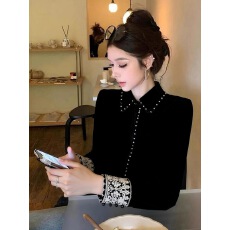 新中式黑色丝绒衬衫女秋冬轻奢高端巨好看设计感小众国风刺绣上衣