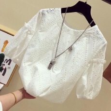 批发<b class='q'>品牌</b>折扣店正品女装剪标清仓特价白色蕾丝衫勾花镂空短袖洋气上衣
