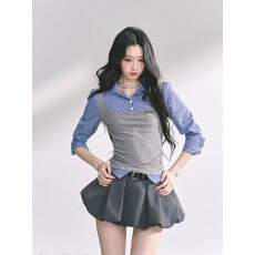 批发复古辣妹风假两件格子拼接<b class='q'>衬衫</b>纯欲气质收腰显瘦翻领长袖时尚上衣