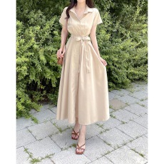 批发法式气质衬衫式<b class='q'>连衣裙</b>女2026夏季简约高级感系带收腰显瘦短袖裙子