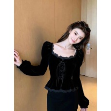 批发法式赫本风黑色蕾丝花边泡泡袖丝绒上衣25冬女装显瘦内搭气质小衫
