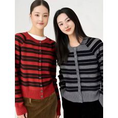 批发2025秋季韩版气质圆领条纹<b class='q'>毛衣</b>针织开衫外套女别致高级感宽松上衣
