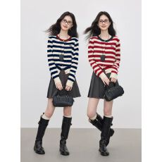批发十三行女装欧货秋季时尚穿搭条纹<b class='q'>针织</b>衫长袖圆领小狗刺绣毛衣开衫