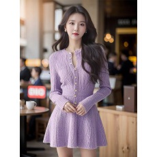 批发韩系慵懒紫色针织连衣裙女春<b class='q'>夏</b>2025新款别致独特收腰A字裙小个子