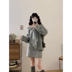 批发法式<b class='q'>甜美</b>慵懒风针织毛衣短裙两件套2025秋冬新款小个子氛围感套装