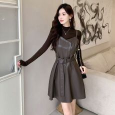 批发法式高级感收腰PU皮时尚气质连衣裙女<b class='q'>秋</b>季新款时尚吊带裙绝美小裙