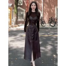 批发法式复古轻熟<b class='q'>连衣裙</b>女2025新款毛衣配腰<b class='q'>吊带</b>皮裙