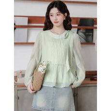 批发2026春季新款蝴蝶结雪纺<b class='q'>衬衫</b>女长袖甜美减龄宽松遮肚子娃娃衫上衣