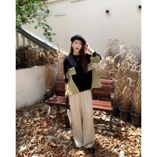 批发早春新款拉炼装饰拼接百褶荷叶边上衣宽松休闲套头长袖休闲上衣女