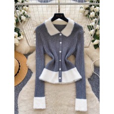 批发法式洋气小香风时尚撞色翻领长袖针织开衫<b class='q'>女</b>秋冬修身显瘦打底上衣