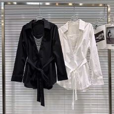 批发网红同款2025冬季新款气质洋气串珠钻链领系带收腰中<b class='q'>长款</b>衬衫衬衣