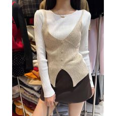 批发撞色吊带拼接<b class='q'>长袖</b>针织衫女冬新款洋气修身内搭打底毛衣假两件上衣