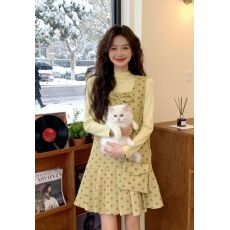 批发韩系温柔风碎花连衣裙套装女秋冬款长袖香芋紫打底衫气质通勤穿搭