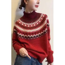 批发慵懒费尔岛双股加厚<b class='q'>针织</b>纯羊毛衫女秋冬新款套头宽松提花撞色毛衣