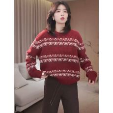 批发费尔岛风复古提花套头毛衣女士秋冬新款减龄<b class='q'>百搭</b>内搭宽松显瘦上衣