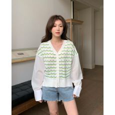 条纹v领长袖针织开衫女装春季2026新款雪纺上衣减龄漂亮洋气小衫