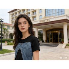 批发废土风牛仔拼接<b class='q'>假两件</b>短袖T恤女夏季新款辣妹炸街不规则短款<b class='q'>上衣</b>