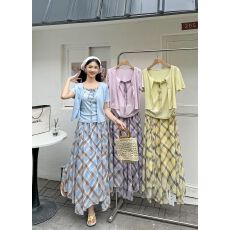 批发蓝色针织开衫吊带不规则<b class='q'>格子</b>雪纺半身裙三件套女小个子温柔风<b class='q'>套装</b>