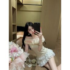 批发甜美少女风一字肩绑带针织上衣女夏季褶皱修身<b class='q'>显瘦</b>设计感粉色内搭