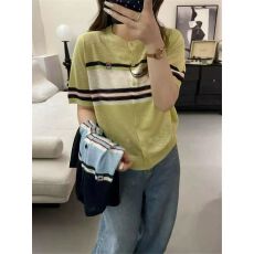 批发夏季新款韩系条纹撞色竹节麻<b class='q'>针织</b>短袖T恤女<b class='q'>开衫</b>宽松<b class='q'>圆领</b>体恤上衣