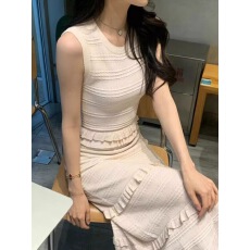 批发法式富家千金针织<b class='q'>长裙女</b>夏季新款无袖花边收腰显瘦气质长款连衣裙