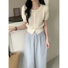 批发夏季浅蓝色花边镂空短袖<b class='q'>针织</b><b class='q'>开衫</b>女薄款收腰显瘦<b class='q'>短款</b>T恤上衣