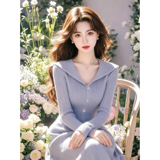 批发法式小香风超好看绝美V领针织<b class='q'>连衣裙</b>女秋冬高级感收腰打底毛衣裙