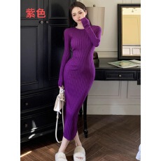 批发紫色针织连衣<b class='q'>裙</b>女秋冬配大衣气质高级感长款修身打底紧身包臀长<b class='q'>裙</b>
