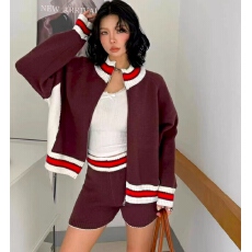 批发秋冬款穿搭棒球服拉链夹克撞色针织毛衣短裤套装女时尚小个子休闲