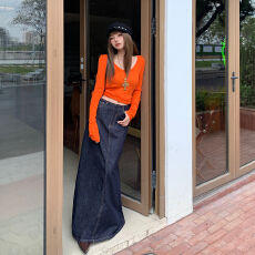 批发美式复古辣妹宽松半身裙女2025春秋新款垂感<b class='q'>百搭</b>牛仔裙开叉长裙子