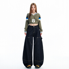批发深蓝色美式街头设计感廓形弯刀<b class='q'>牛仔裤</b>女秋新款宽松阔腿拖地长裤子