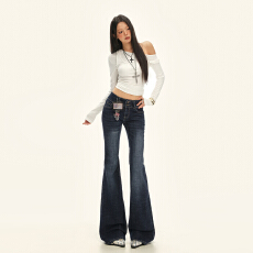 批发美式复古辣妹低腰微喇拖地牛仔<b class='q'>裤</b>2025女秋新款<b class='q'>修身</b>显瘦双扣喇叭<b class='q'>裤</b>