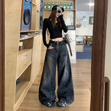 批发美式复古高腰阔腿牛仔裤女2025秋冬季新款设计感折痕慵懒百搭裤子