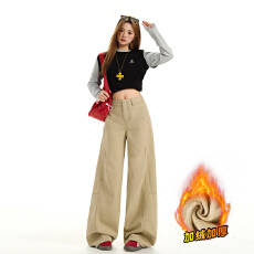 批发美式复古牛仔<b class='q'>裤</b>女2025春新款设计感拼接卡其色<b class='q'>宽松</b>阔腿直筒长<b class='q'>裤</b>子