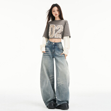批发美式复古阔腿牛仔<b class='q'>裤</b>女弯刀<b class='q'>裤</b>秋冬新款<b class='q'>裤</b>脚堆叠设计宽松显瘦拖地<b class='q'>裤</b>