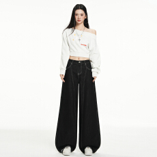 批发美式复古解构弯刀设计阔腿牛仔裤女2025春夏季<b class='q'>新款</b>宽松镰刀拖地裤