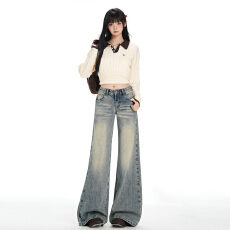 批发美式复古洗水做旧工艺宽松阔腿牛仔裤女秋冬<b class='q'>新款</b>百搭显瘦拖地裤子