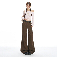 批发美式复古咖啡棕色阔腿牛仔裤女秋冬新款高腰显瘦宽松垂感直筒裤子