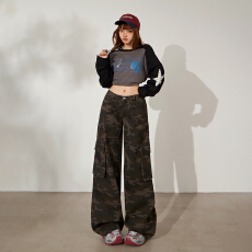 批发美式复古低腰宽松阔腿直筒牛仔裤<b class='q'>女</b>秋冬新款设计感百搭迷彩工装裤