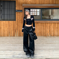 批发美式辣妹复古宽松阔腿裤<b class='q'>女</b>2025秋冬新款百搭PU皮裤垂感直筒休闲裤