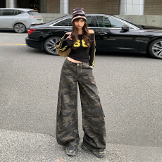 批发美式复古低腰宽松阔腿直筒牛仔裤<b class='q'>女</b>秋冬新款设计感百搭迷彩工装裤