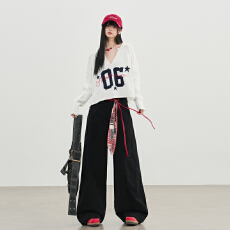 批发黑色美式复古辣妹分割牛仔裤<b class='q'>女</b>秋冬新款直筒显瘦宽松阔腿休闲<b class='q'>长裤</b>