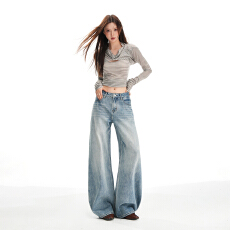 批发浅蓝色低腰弯刀阔腿牛仔裤女2025<b class='q'>秋</b>冬新款水洗加绒宽松显瘦直筒裤