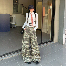 批发美式复古秋冬设计感高腰抽绳<b class='q'>迷彩</b>工装<b class='q'>裤</b>个性高街嘻哈休闲拖地<b class='q'>裤</b>