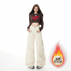 批发美式杏色灯芯绒<b class='q'>阔腿裤</b>女2025秋冬加绒高腰<b class='q'>宽松</b>显瘦垂感直筒休闲<b class='q'>裤</b>