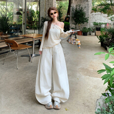 批发美式复古高腰杏色宽松阔腿裤女春夏新款百搭弯刀裤<b class='q'>牛仔裤</b>女香蕉裤